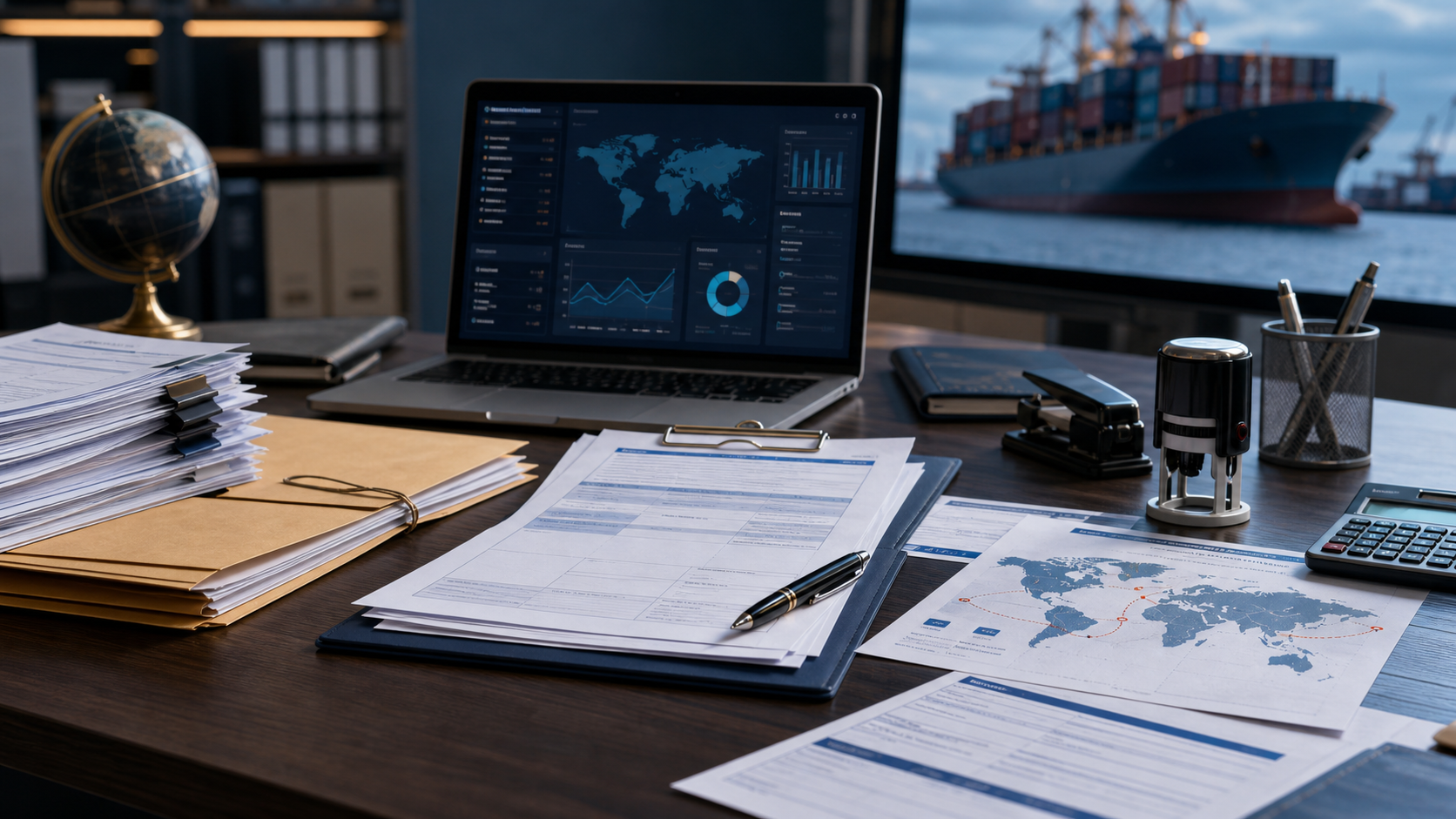 Organized ocean freight documentation desk with shipment files and logistics dashboard
